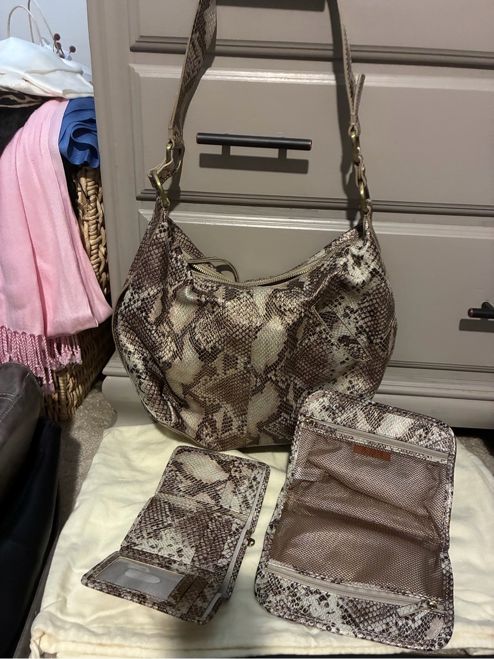 HOBO Snake-Print Hobo Shoulder Bag in Taupe Brown